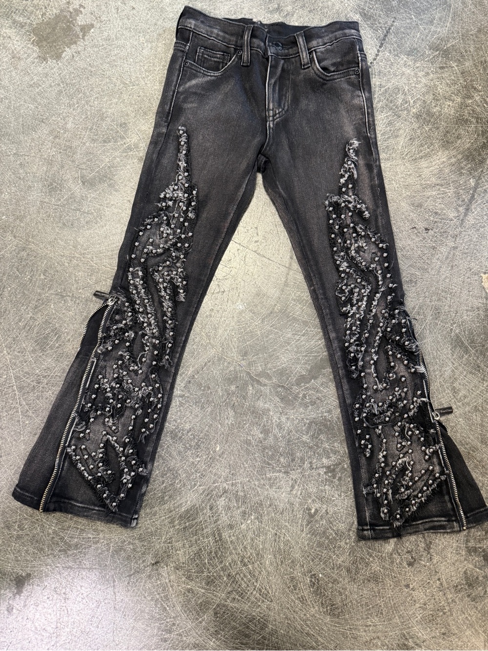 Black gorgeous 3D Flame and Flare w studs- Kids' Jeans with Side Zippers